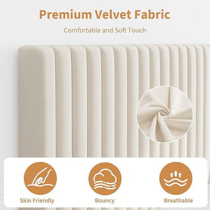 IDEALHOUSE Queen Bed Frame with Adjustable Headboard, Velvet Upholstered Platform Queen Size Bed Frame, Vertical Channel Tufted, Strong Wooden Slats, No Box Spring Needed, Easy Assembly, Beige