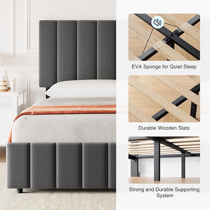 IDEALHOUSE Queen Upholstered Bed Frame with 4 Storage Drawers, Adjustable Headboard and Wooden Slats Support, No Box Spring Needed, Grey