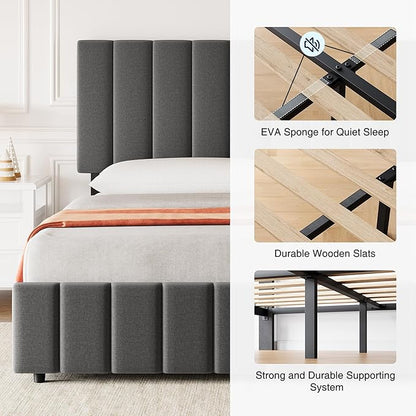 IDEALHOUSE Queen Upholstered Bed Frame with 4 Storage Drawers, Adjustable Headboard and Wooden Slats Support, No Box Spring Needed, Grey