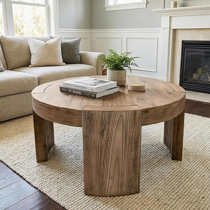 Solid Wood Round Coffee Table, 31.5-Inch Farmhouse Circle Center Cocktail Tea Table for Living Room, Wood Home Living Room Furniture, Easy Assembly, Light Brown