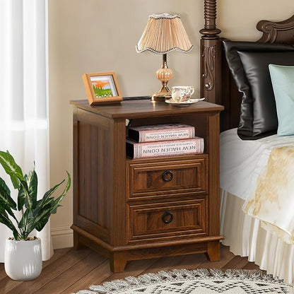 Joaxswe 18" Farmhouse Night Stand with Charging Station, 2 Drawers End Table Dresser for Bedroom, Brown Wooden Nightstand, Bed Side Table with Open Shelf, Bedside Cabinet for Living Room, Closet