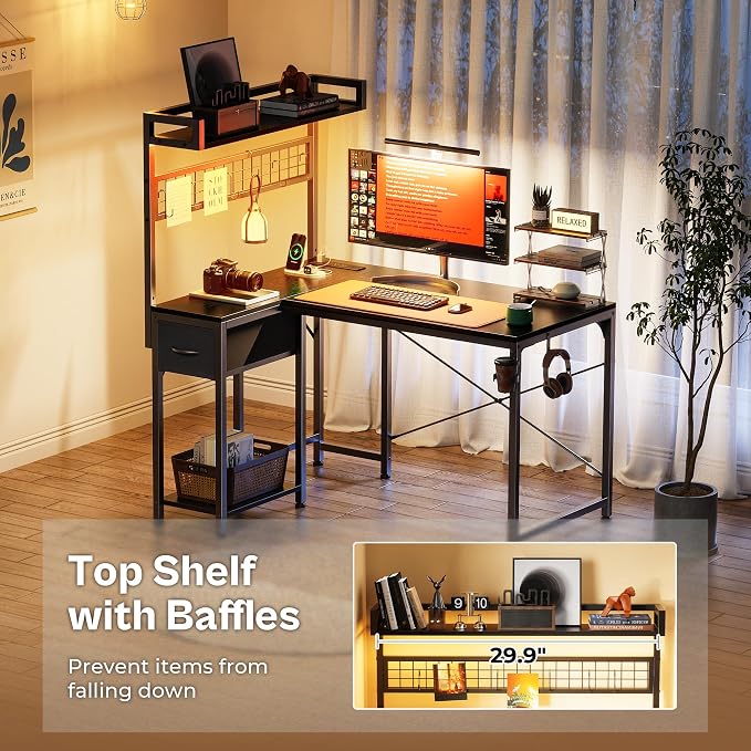 PRAISUN L Shaped Gaming Desk with Shelves, Corner Computer Table with LED Lights, Power Outlets and USB-C Ports, 42 Inch Reversible Home Office Desk with Storage Drawer, for Work and Study, Black