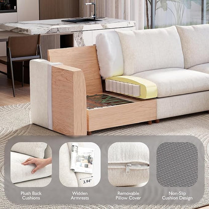 Ihanherry 146" Oversized Modular Sectional Sofa, Modern V Shaped Cloud Couch with 2 Storage Ottoman, 8-Seat Comfy Chenille Deep Seat Sofa with 2 Pillows for Living Room, Beige