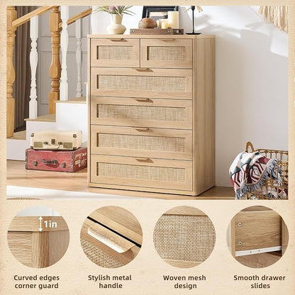 LEYAOYAO Rattan Dresser for Bedroom, 41" Tall Chest of Drawers, Modern 6 Drawers Boho Dressers with Storage, Light Oak Dresser Wooden Closet Organizer for Living Room, Hallway, Natural Wood