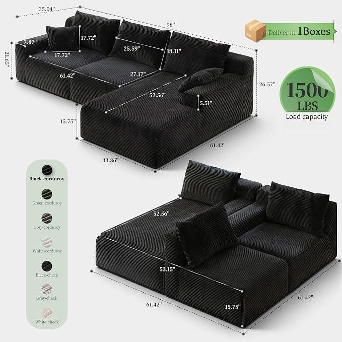 Homkdom 98" Boneless Couches for Living Room, L-Shape Modular Sectional Sofa with Deep Seat Oversized Right Facing Chaise, Cloud Couch for Apartment, Small Space (Black)