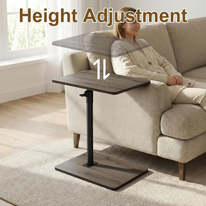 YUHFERA Sofa Armrest Tray Table for Couch - 360 Swivel Height Adjustable C Shaped End Table for Small Spaces, Snack Side Table for Bed or Chair with Phone & Tablet Slot (Gray, Enlarged)