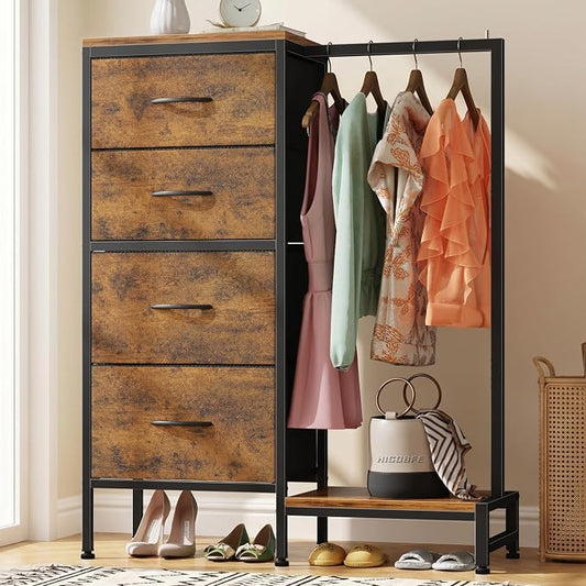 HIGDBFE Tall Dresser 44''H with Hanging Rack, 4 Drawers Small Closet Dresser for Bedroom, Reversible Fabric Chest of Drawers with Clothes Rack, Tall Storage Tower, Sturdy Frame, Rustic Brown