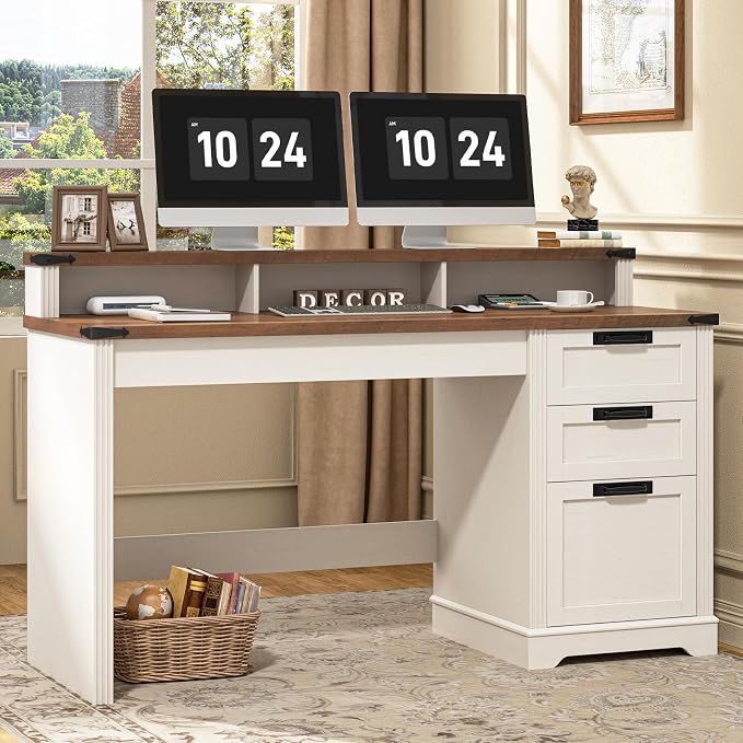 Vabches 55" Farmhouse Executive Desk with 3 Drawers, Wooden Computer Desk Home Office Desk with File Drawer (Fits A4 Size) for Work and Study, White Brown