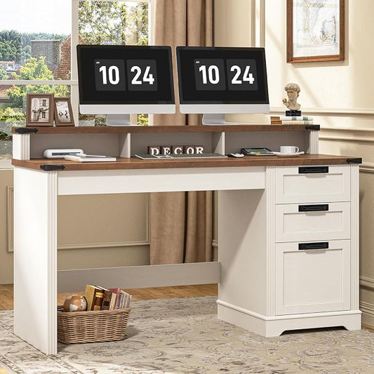 Vabches 55" Farmhouse Executive Desk with 3 Drawers, Wooden Computer Desk Home Office Desk with File Drawer (Fits A4 Size) for Work and Study, White Brown