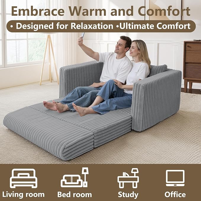 HABUTWAY 41.3" Loveseat Boneless Couch, 4-in-1 Convertible Sofa Bed, Plush Fur Folding Futon Sofa Bed Couches with a Pillow for Living Room, High-Density Foam Support, No Assembly Required, Light Grey