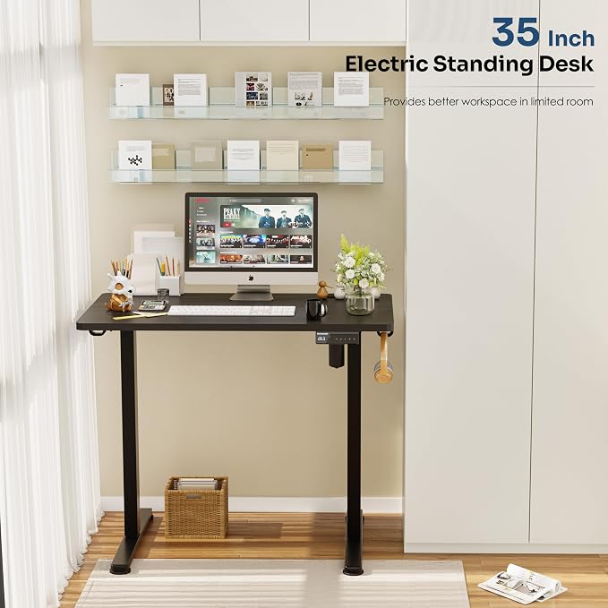 Monomi Small Electric Standing Desk, 35" x 24" Whole Piece Height Adjustable with Memory Controller, Black Sit to Stand Desk Workstation for Home Office