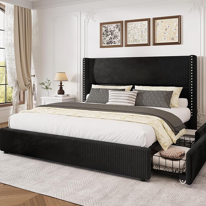 LARMACE Queen Size Bed Frame with 4 Storage Drawers Corduroy Bed Upholstered Platform Bed Frame with 48" Tall Headboard, Solid Wood Leg/No Box Spring Needed/Noise Free, Black