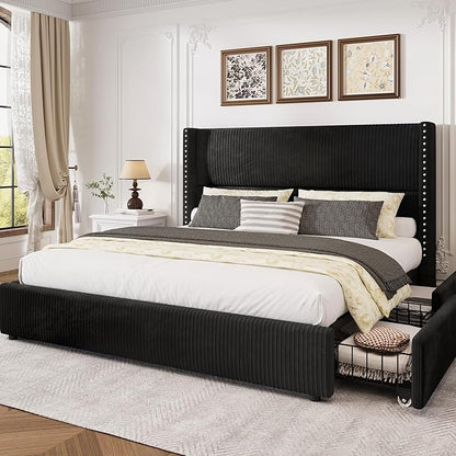 LARMACE Queen Size Bed Frame with 4 Storage Drawers Corduroy Bed Upholstered Platform Bed Frame with 48" Tall Headboard, Solid Wood Leg/No Box Spring Needed/Noise Free, Black