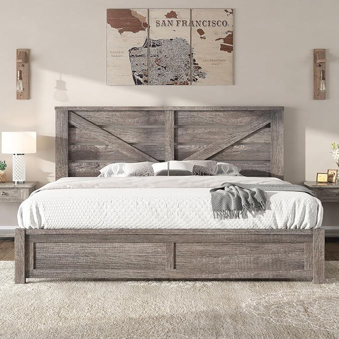 AMERLIFE King Size Bed Frame with 49.2" Barn Door Headboard and Footboard, Farmhouse Platform Bed Frame with Wood Slats, No Box Spring Needed, Under Bed Storage, Rustic Gray
