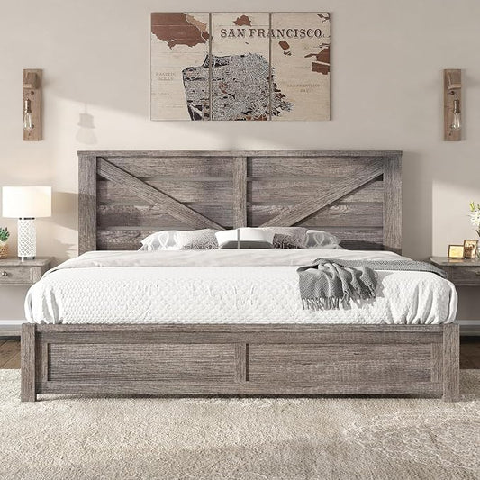 AMERLIFE King Size Bed Frame with 49.2" Barn Door Headboard and Footboard, Farmhouse Platform Bed Frame with Wood Slats, No Box Spring Needed, Under Bed Storage, Rustic Gray