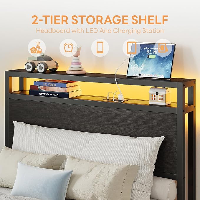 LIKIMIO Twin Bed Frame, DIY Storage Drawer Layout, Headboard with 2-Tier Shelves & Charging Station & LED Light, Suitable for Teen Rooms, Small Apartments & Bedrooms, Black