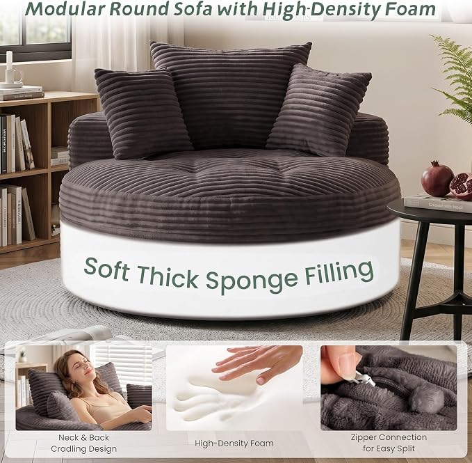Oversized Round Chaise Lounge Chair, Deep Seat Cloud Boneless Floor Sofa Couch, Upholstered Corduroy Sleeper with 3 Pillows & Optional Ottoman, No Assembly Modern Lazy Floor Lounger for Living Room