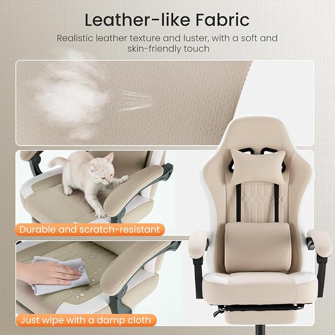 DUMOS Gaming Chair with Linkage Armrests, Video Game Chairs with Pocket Spring Cushion, Ergonomic Computer Silla Gamer Office Desk Chair with Footrest for Adults & Students, Light Brown