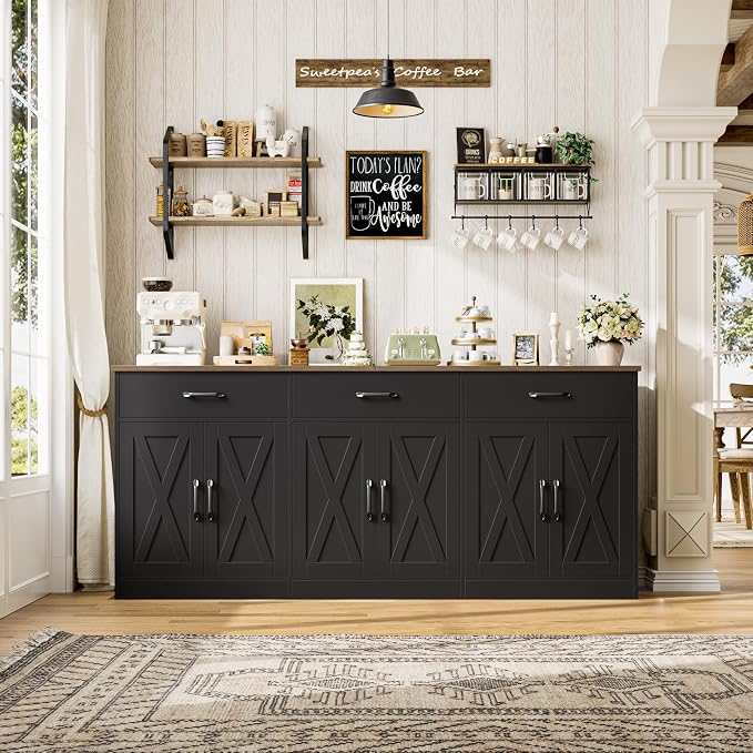 HOSTACK 71" Large Sideboard Buffet Cabinet with Storage, Farmhouse Coffee Bar Cabinet with 3 Drawers, Long Kitchen Buffet Table, Kitchen Sideboard Storage Cabinet for Dining Room, Living Room, Black