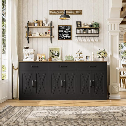 HOSTACK 71" Large Sideboard Buffet Cabinet with Storage, Farmhouse Coffee Bar Cabinet with 3 Drawers, Long Kitchen Buffet Table, Kitchen Sideboard Storage Cabinet for Dining Room, Living Room, Black