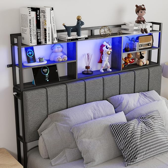 54.8" Tall Headboard Full Size Bed with 3-Tier Storage Shelves, Linen Upholstered Head Board with USB & Type C Port & LED Light, Soft Backrest for Full Size Bed