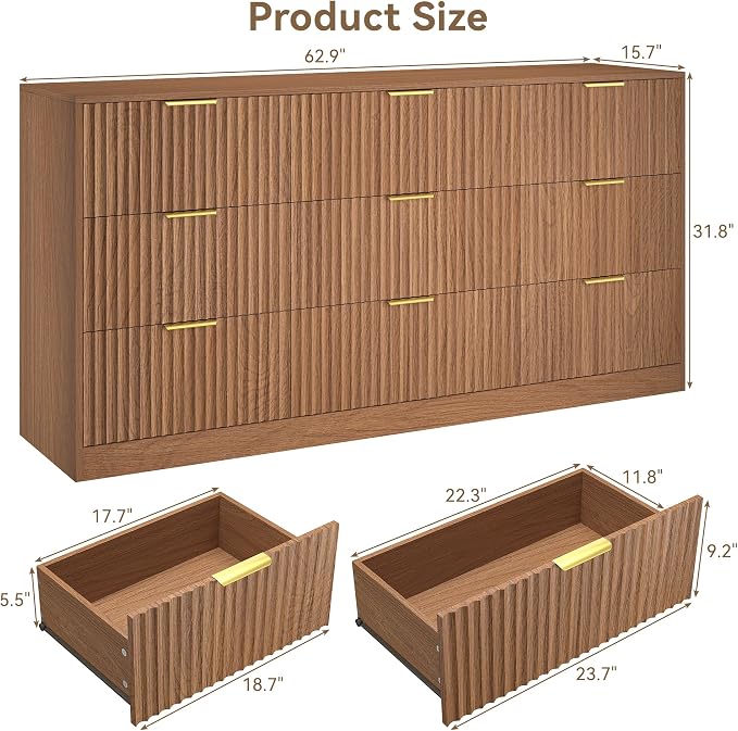 9 Drawer Dresser for Bedroom, 63" Wide Modern Fluted Chest of Drawers, Wooden Dresser with Gold Metal Handles, Mid Century Large Dresser TV Stand for Living Room Hallway Light Walnut