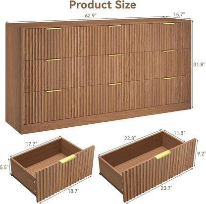9 Drawer Dresser for Bedroom, 63" Wide Modern Fluted Chest of Drawers, Wooden Dresser with Gold Metal Handles, Mid Century Large Dresser TV Stand for Living Room Hallway Light Walnut