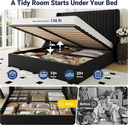 Allewie King Size Lift Up Storage Bed Frame, Hydraulic Support System, Upholstered Platform Bed Frame, Underneath Storage, Vertical Channel Tufted Headboard with Wingback, No Box Spring Needed, Black