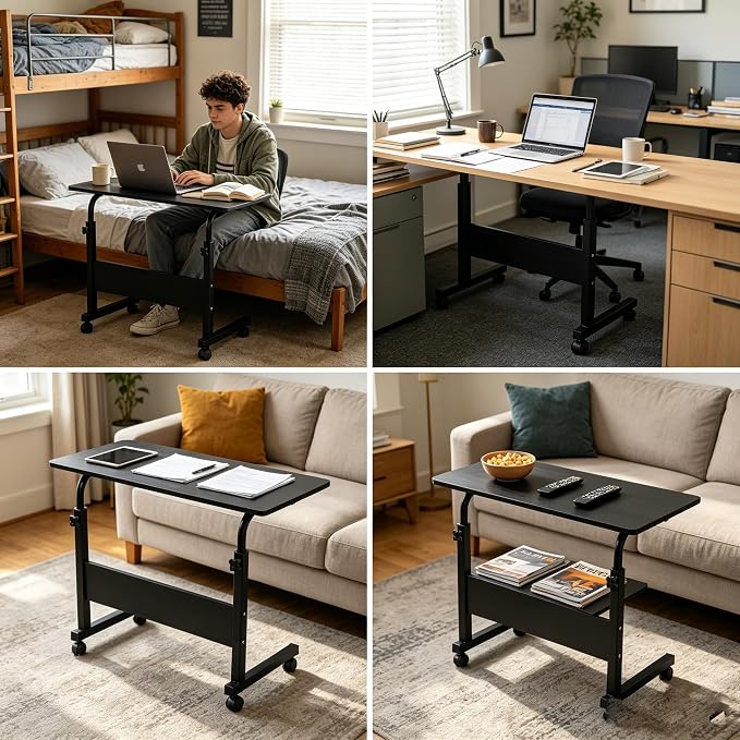 Standing Desk - Adjustable Height Side Table, Portable Laptop Cart, C-Shaped Bed Couch End Table with Edge Stopper and Wheels for Living Room Bedroom Walking Pad Treadmill, 31.5 Inch, Black