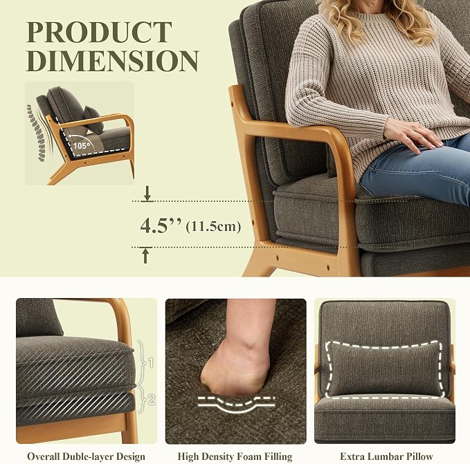 MALOL Accent Chair Set of 2 with Solid Wood Frame, Mid-Century Relaxing Armchair Lumbar Pillow& Soft Cushion, Reading Leisure Chair for Living Room, Bedroom, Waiting Room-Green