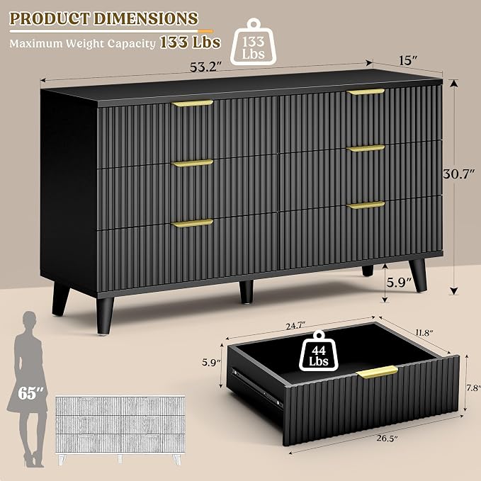 Lulive Black Dresser for Bedroom Wood Dressers Chest of Drawers, Fluted 54" Wide Modern Long Dresser TV Stand 6 Drawers for Bedroom, Closet, Hallway (Black)