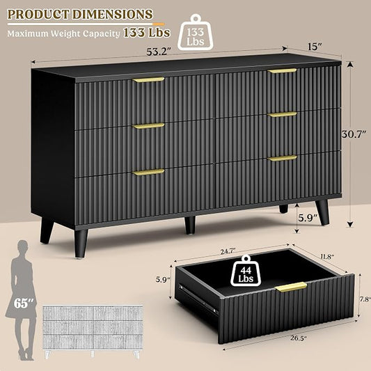 Lulive Black Dresser for Bedroom Wood Dressers Chest of Drawers, Fluted 54" Wide Modern Long Dresser TV Stand 6 Drawers for Bedroom, Closet, Hallway (Black)