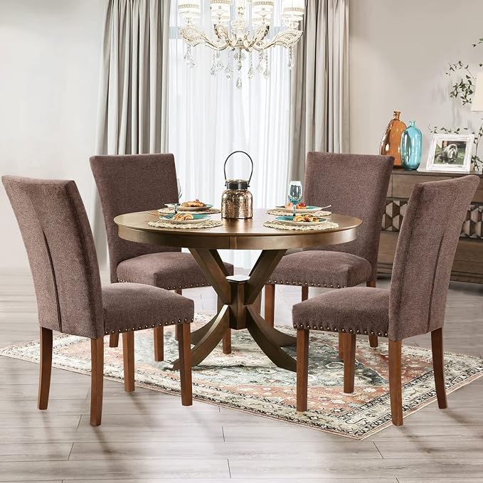 Parsons Dining Chairs Set of 2, Upholstered Nailhead Dining Room Kitchen Side Chair with Thick Cushions and Wood Legs, Brown