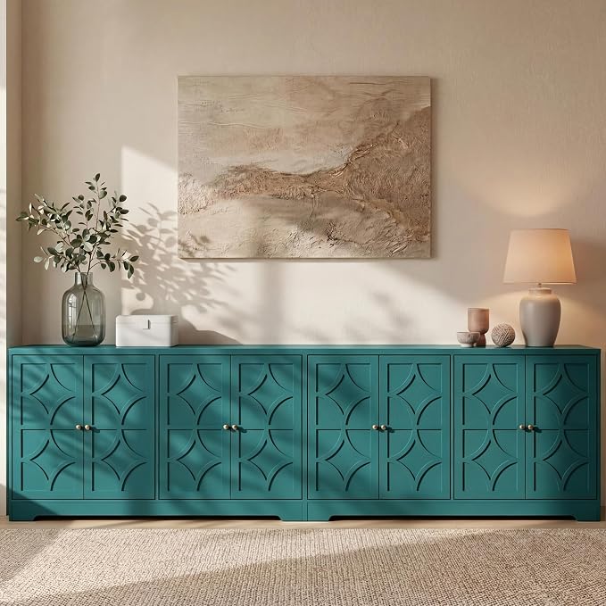 RoyalCraft 112'' Sideboard Buffet Cabinet with Storage, Modern Sideboard with 4 Carved Doors and Adjustable Shelves, Large Wood Coffee Bar Console Table for Kitchen, Dining Room, Turquoise Blue