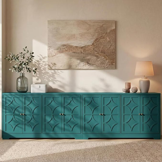 RoyalCraft 112'' Sideboard Buffet Cabinet with Storage, Modern Sideboard with 4 Carved Doors and Adjustable Shelves, Large Wood Coffee Bar Console Table for Kitchen, Dining Room, Turquoise Blue