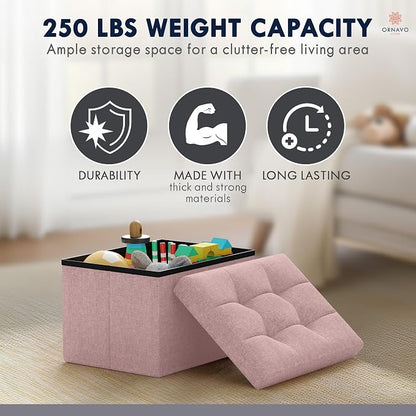 Ornavo Home Small Storage Ottoman Foldable Collapsible Rectangle Linen Ottoman Foot Rest Stool Seat, for Living Room, Bedroom, Home Office, Dorm - 12 x 16 x 12, Pink