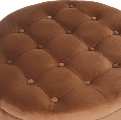 HomePop 28" Button Tufted Velvet Round Storage Ottoman - Spice Orange Velvet