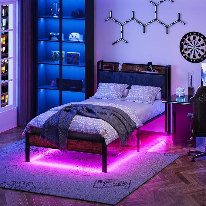 ALBERTO Bed Frame Twin Size with USB Charging Station and Smart LED Lights, Upholstered Storage Headboard, Heavy Duty Metal Platform Bed Noise Free, No Box Spring Needed, Easy Assembly