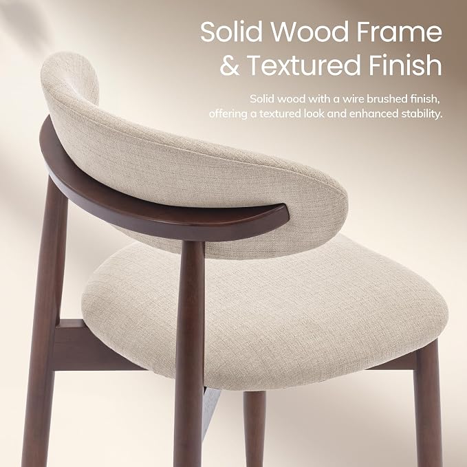 COLAMY Mid-Century Modern Wooden Dining Chair Set of 2, Indoor Upholstered Kitchen Chairs with 2.6" Cozy Padded Seat, Walnut Finish Side Dining Chair for Dining Room & Kitchen, Beige