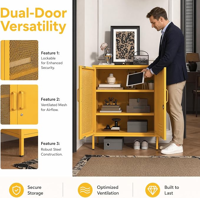 Yellow Lockable Mesh & Metal Door Storage Cabinet, 3-Tier Heavy Duty Steel Locker with 2 Adjustable Shelves, Accent Cabinet for Living Room, Home Office, 33" H x 29.5" W x 13.8" D