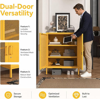 Yellow Lockable Mesh & Metal Door Storage Cabinet, 3-Tier Heavy Duty Steel Locker with 2 Adjustable Shelves, Accent Cabinet for Living Room, Home Office, 33" H x 29.5" W x 13.8" D
