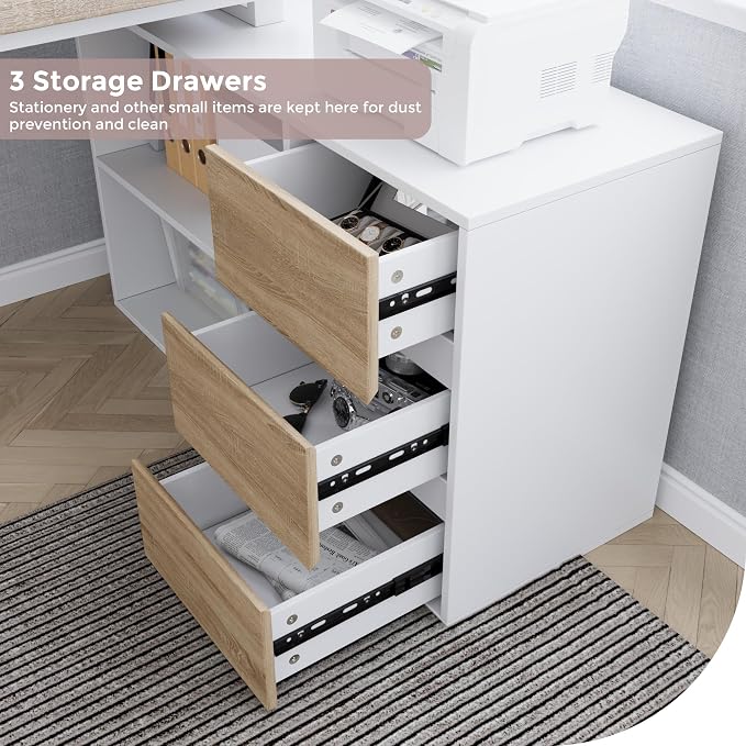 Home Office Computer Desk Corner Desk with 3 Drawers and 2 Shelves, 53-inch L-Shaped Study Desk with Storage, White + Walnut