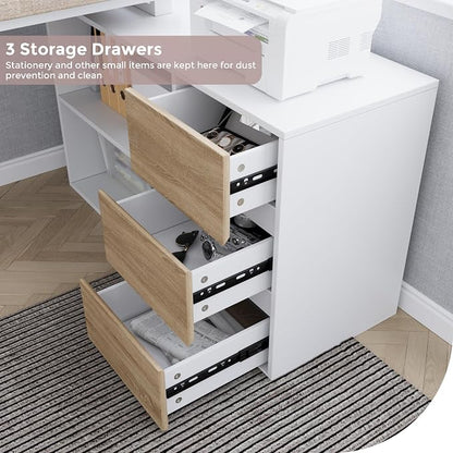 Home Office Computer Desk Corner Desk with 3 Drawers and 2 Shelves, 53-inch L-Shaped Study Desk with Storage, White + Walnut
