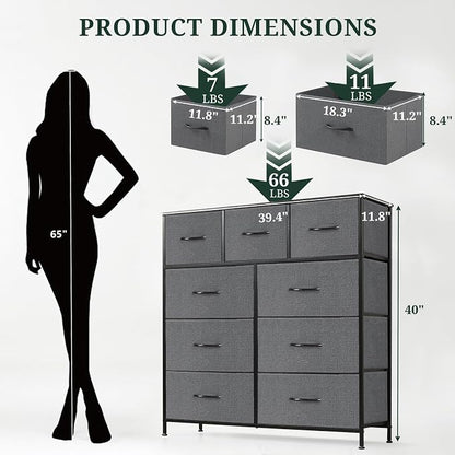 9-Drawer Dresser for Bedroom, Anti-Tip Tall Storage Organizer Chest of Drawers with Wooden Top and Metal Frame Fabric Bins for Closet, Living Room, Hallway, Entryway, Gray