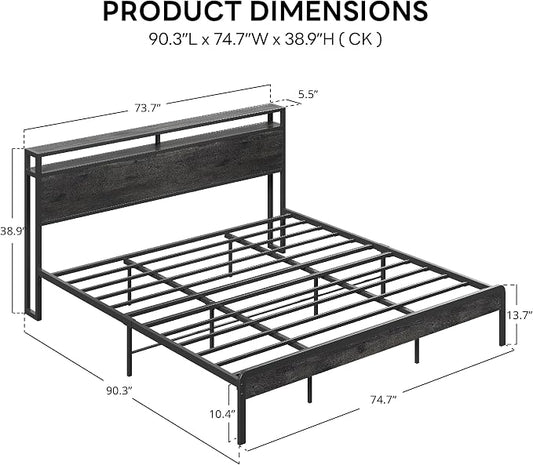 LIKIMIO California King Bed Frame with Headboard, Dark Wood Camas California King with Strong Supports, Sturdy, Noise-Free, No Box Spring Needed, Grey