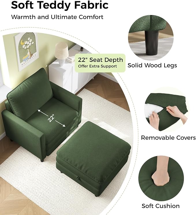 Welzona 3-Layers Cloud Accent Chair with Ottoman, 33" Comfy Reading Chair for Bedroom, Living Room, Tool-Free Assembly with Teddy Fabric Arm Chairs and Ottoman Set, Green, Removable Washable Cover