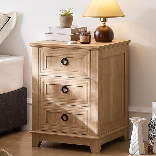 Joaxswe 18" Farmhouse Night Stand with 3 Drawers, Wood End Table for Bedroom, Natural Wood Nightstand, Bed Side Table with Metal Handle, Bedside Cabinet for Bedroom Living Room