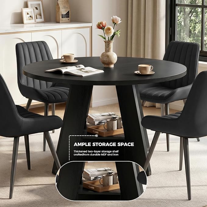 Miereirl 47.3 Inch Round Dining Table Set for 4, Round Kitchen Table with Chairs, Space Saving Dining Room Table Set with Storage Shelf for Apartment Kitchen Dining Room, Black Table+4 Black Chairs