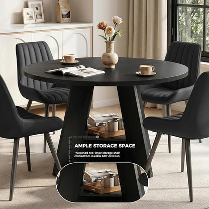Miereirl 47.3 Inch Round Dining Table Set for 4, Round Kitchen Table with Chairs, Space Saving Dining Room Table Set with Storage Shelf for Apartment Kitchen Dining Room, Black Table+4 Black Chairs