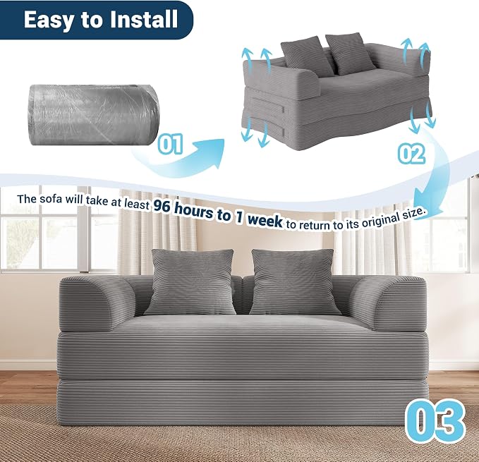 Living&Giving Convertible Boneless Couch, 5-in-1 Foldable Floor Futon Sofa Bed, 70" Corduroy Loveseat Sleeper with High-Density Foam & Firm Support for Small Apartment, Medium Gray